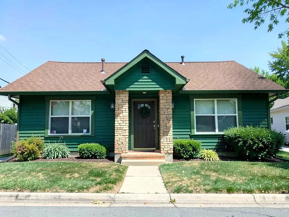 The same ranch with deep green siding and trim and light beige stone pillars; door and roof kept