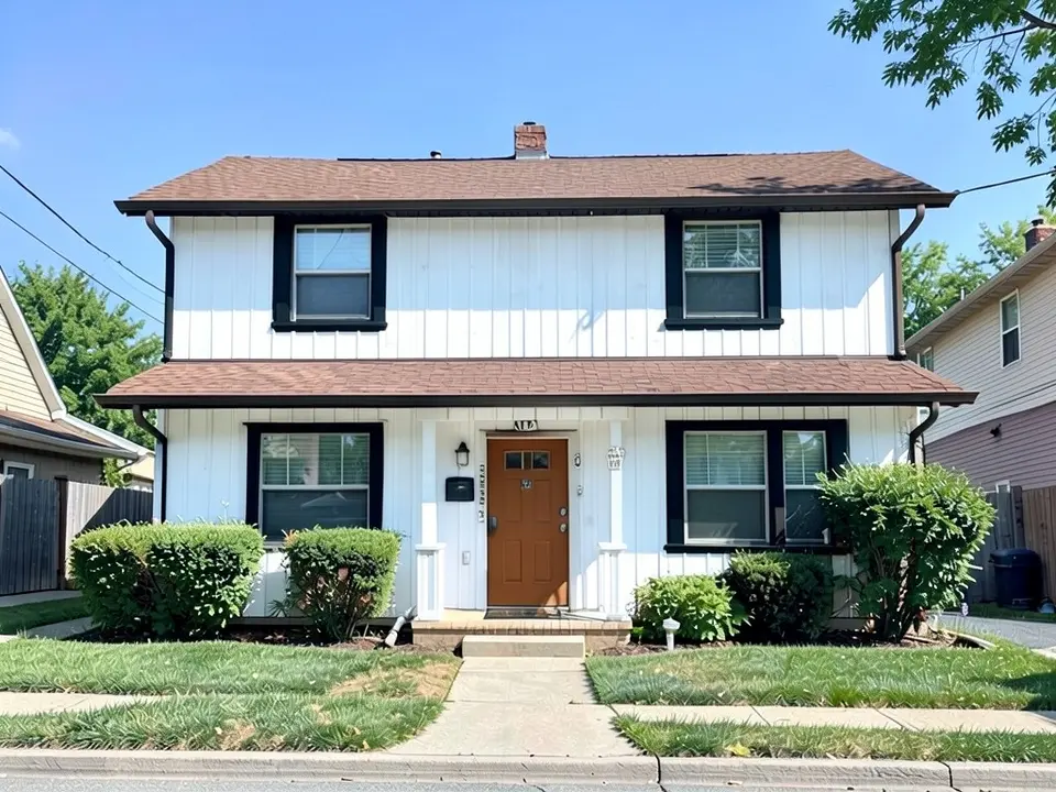 The same house with white siding, black window trim and a natural wood door; roof kept