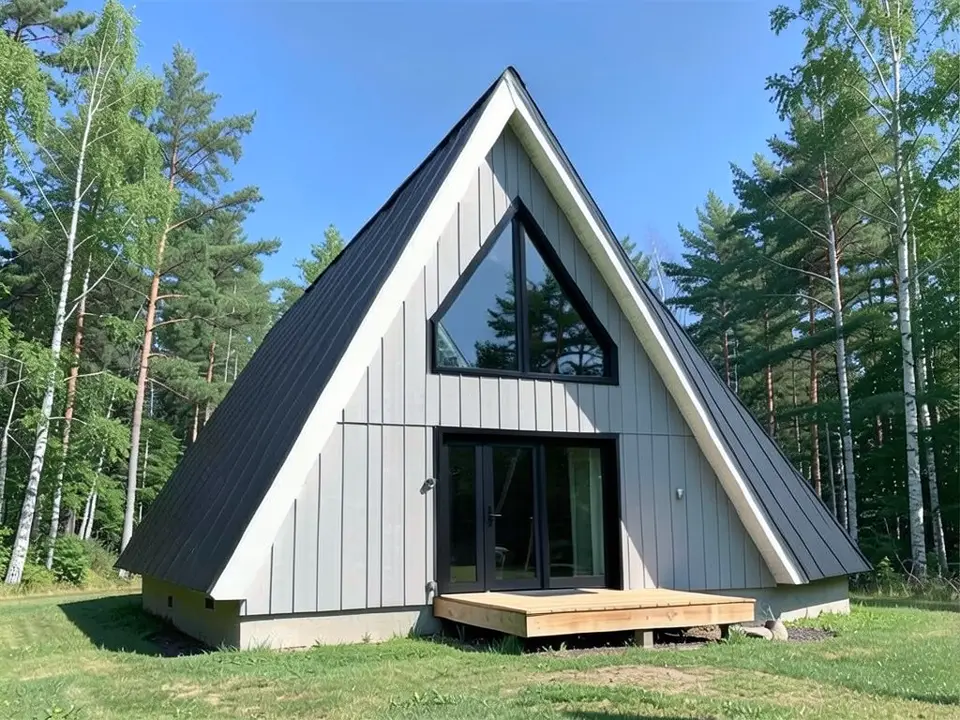 The same A-frame with a dark charcoal standing-seam metal roof and black window and door frames; grey siding, white roof-edge trim, glass layout, deck and concrete base kept