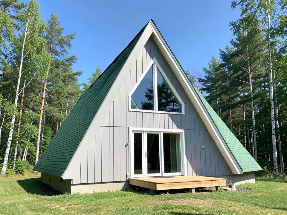 AI-drawn stand-in of an A-frame house among birch and pine trees, with a faded green asphalt shingle roof running nearly to the ground, light grey vertical siding on the gable wall and white-framed glass