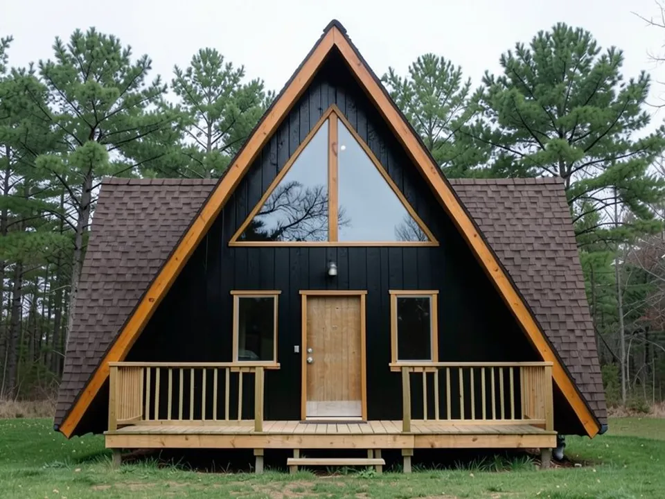 The same A-frame cabin with the front gable wall boards stained matte black; triangle shape, shingle roof, windows, wood door, wood trim and deck kept