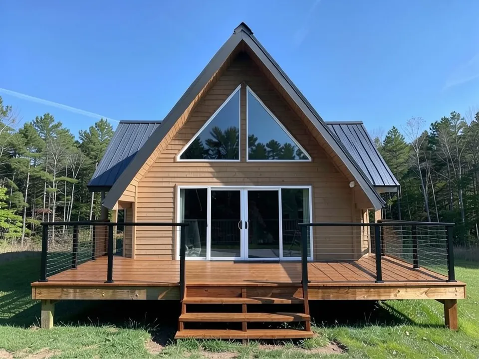 The same A-frame with the deck boards and steps stained a warm cedar brown and the wooden railing replaced by black metal posts with thin horizontal cables; house, roof and windows unchanged