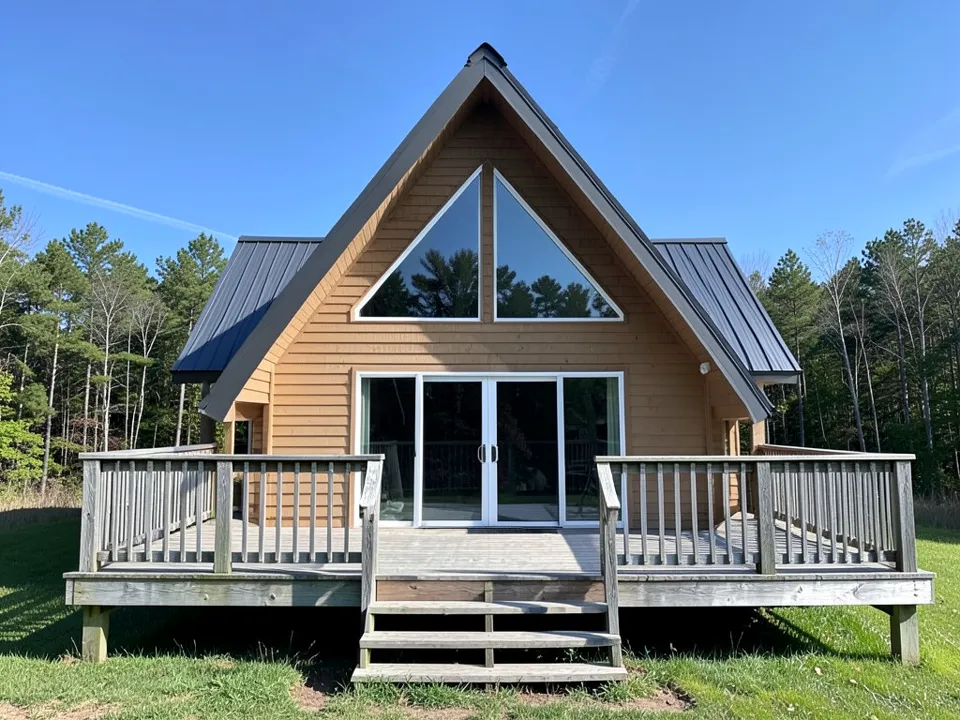 AI-drawn stand-in of an A-frame cabin with a dark metal roof, tan wood siding, a large triangle window and sliding glass doors, and a raised front deck whose boards, steps and wooden baluster railing are weathered silver-grey