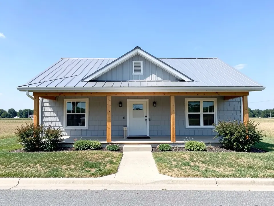 AI-drawn generic stand-in of a one-story barndominium with light gray siding, natural cedar porch posts, a white front door, a gray metal roof and open fields around it