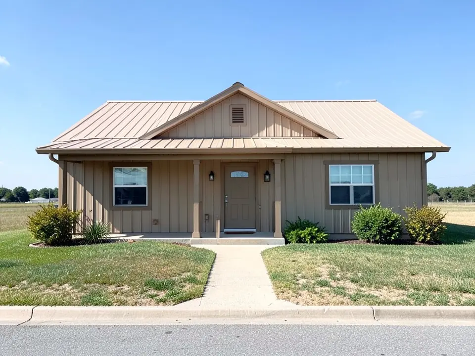 AI-drawn generic stand-in of a one-story barndominium with tan board and batten siding, tan trim, a light tan metal roof, a front porch and open fields around it