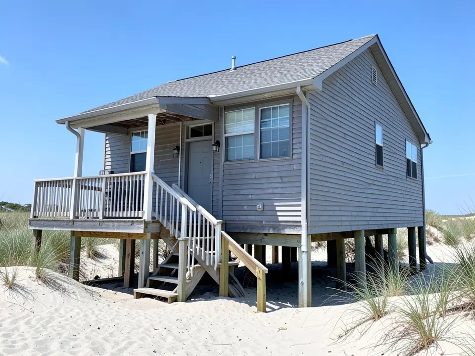 AI-drawn stand-in of a beach house on wooden pilings over the sand, with weathered gray siding and trim, a gray shingle roof, a gray front door, a covered porch with a white railing and wooden stairs, among dune grass