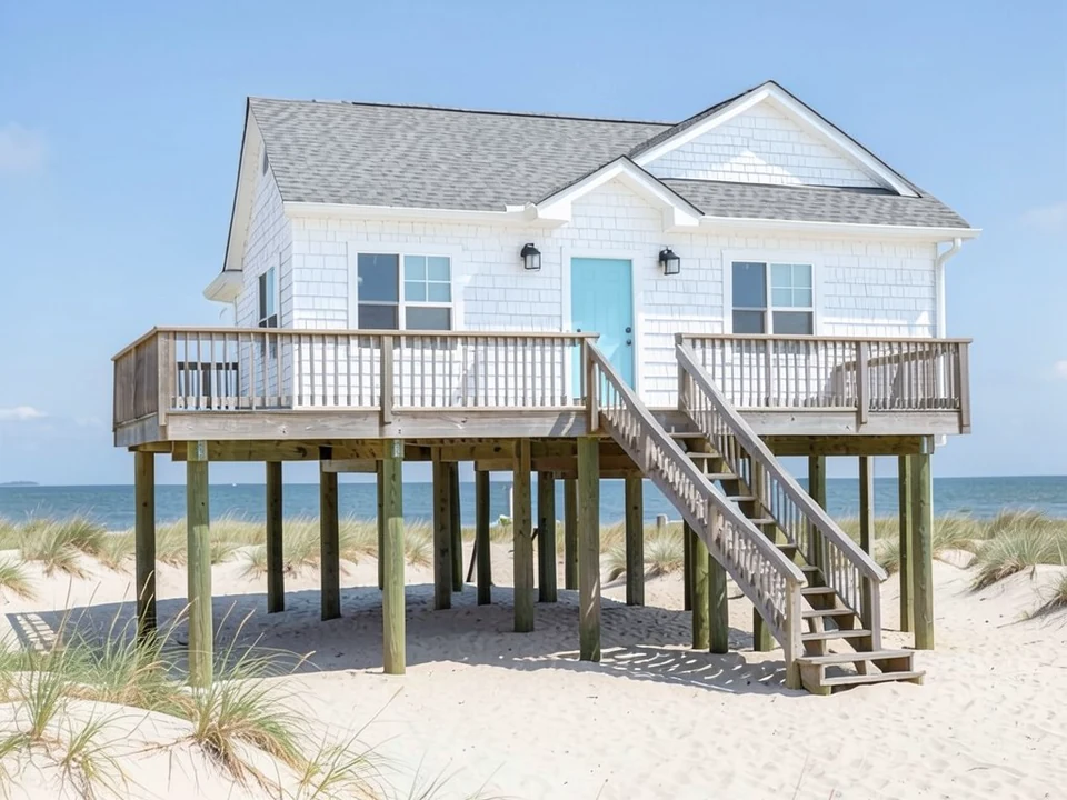 The same beach house with white painted shingle siding, white window and door trim and a light blue front door; roof, deck, staircase, stilts, sand, dune grass and ocean kept