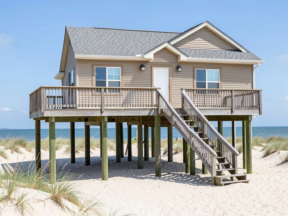 AI-drawn stand-in of a two-story beach house raised on tall wooden stilts over the sand, with tan vinyl lap siding, a grey shingle roof, a white front door, a wide wooden deck and a long wooden staircase, with dune grass and the ocean behind