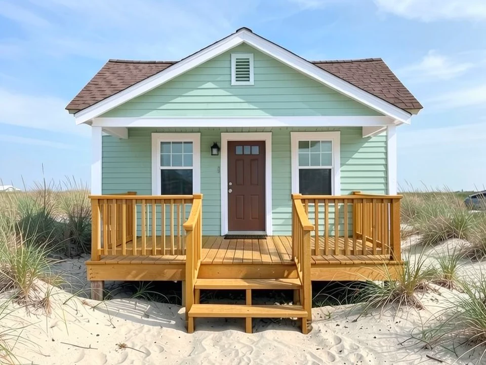 The same cottage with soft sea-glass green siding, white trim and posts, and a bare golden wood deck, railing and steps; door, roof, windows, sand and beach grass kept