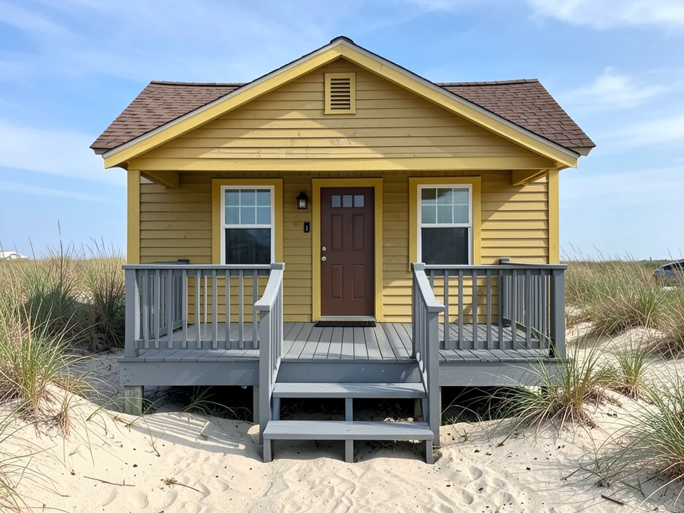 AI-drawn stand-in of a small one-story beach cottage with mustard yellow clapboard siding and yellow trim, a brown shingle roof, a brown front door and a small front deck with grey painted boards, railing and steps, among sea oats and beach grass, with a generic parked car at the far right edge