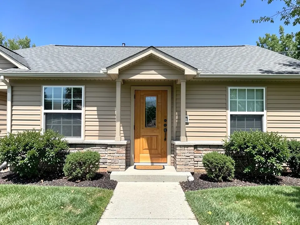 AI-drawn generic stand-in of a one-story house with tan horizontal siding, a natural wood front door with a glass panel, a stone base, a gray shingle roof and green shrubs