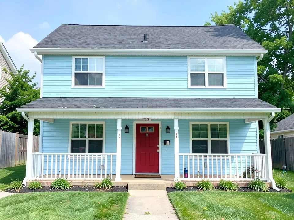 The same house with light sky blue siding; white trim, white railings and red door kept