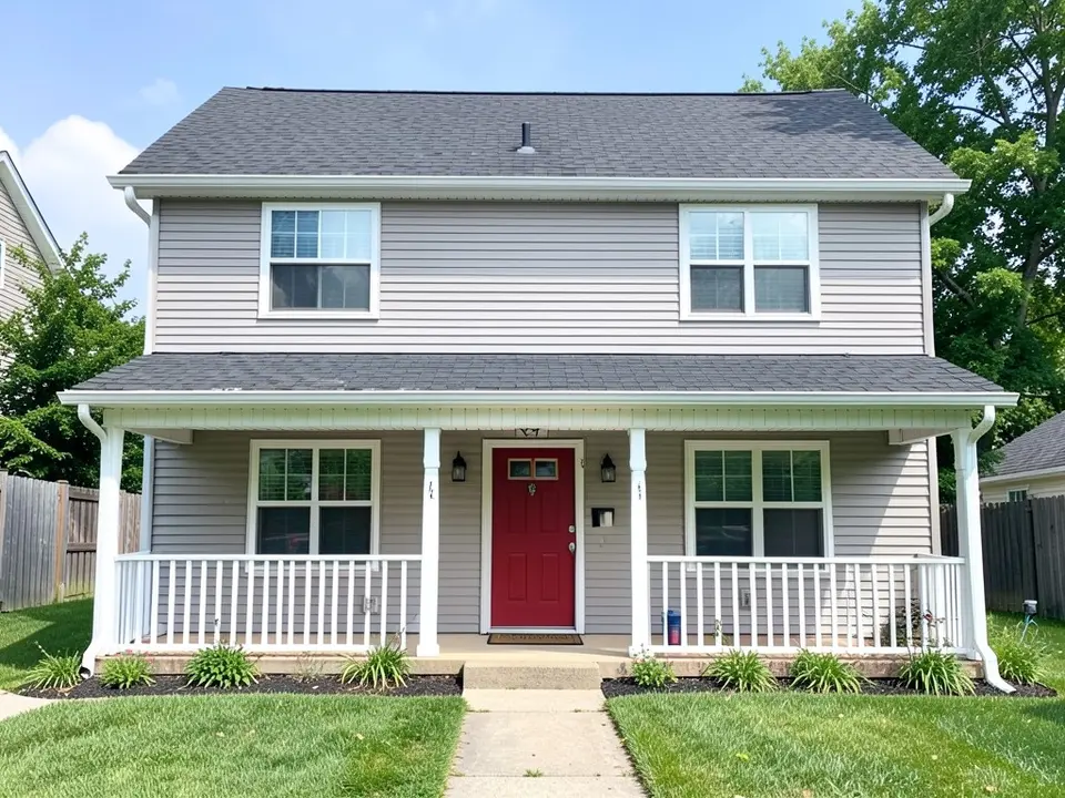 AI-drawn generic stand-in of a two-story house with light gray siding, white window trim, a red front door and a covered porch with white railings