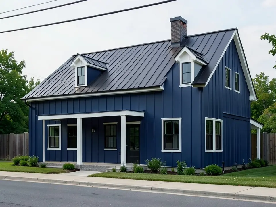 The same farmhouse with deep navy board and batten siding; the white trim, black windows and dark roof kept