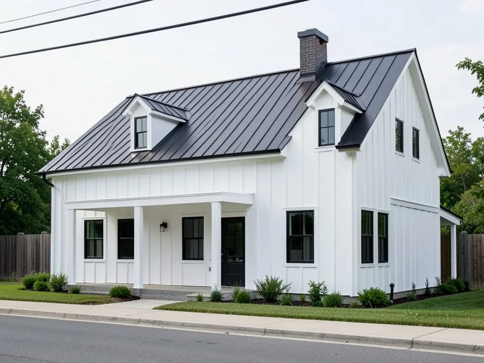 AI-drawn generic stand-in of a modern farmhouse with white board and batten siding, white trim, a black metal roof and black windows