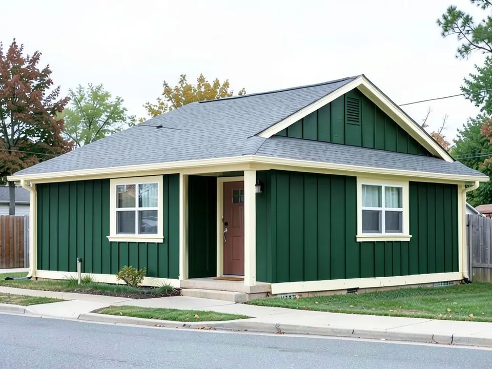 The same house with dark forest green board and batten siding and cream trim, including the eaves; the gray roof kept