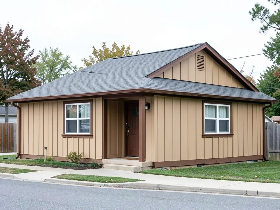 AI-drawn generic stand-in of a one-story house with tan board and batten siding, brown trim and a gray roof