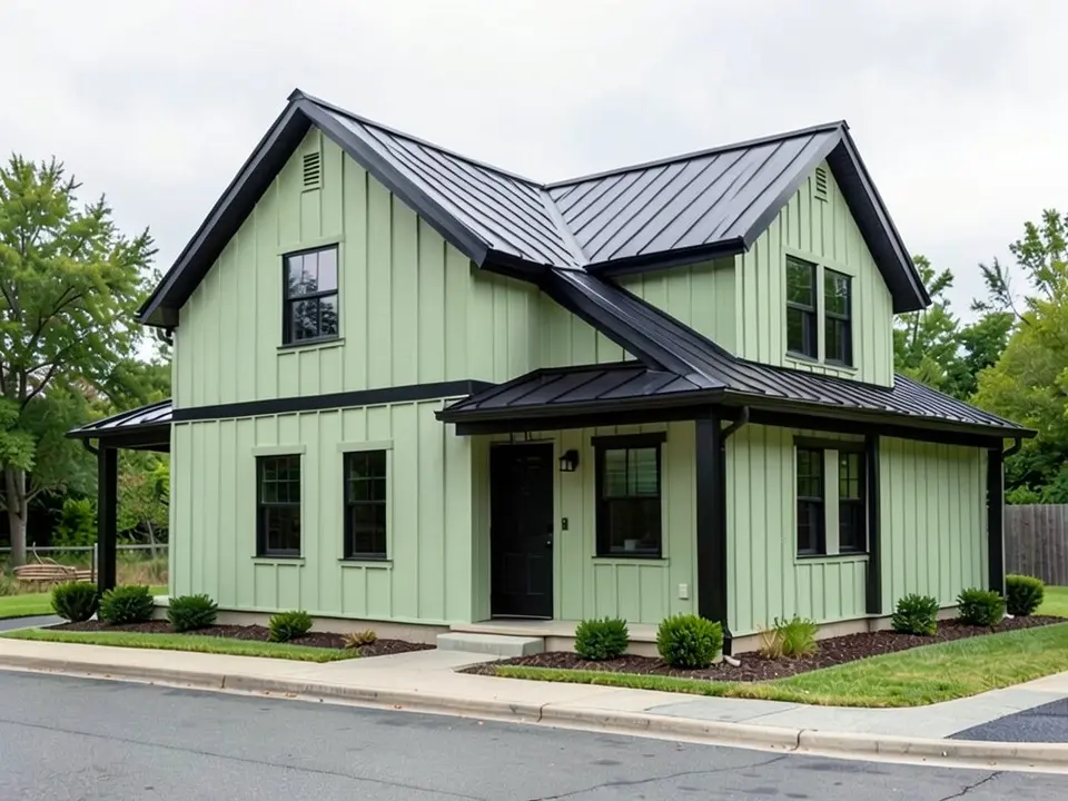 The same farmhouse with soft sage board and batten siding; the black trim, black windows and black metal roof kept