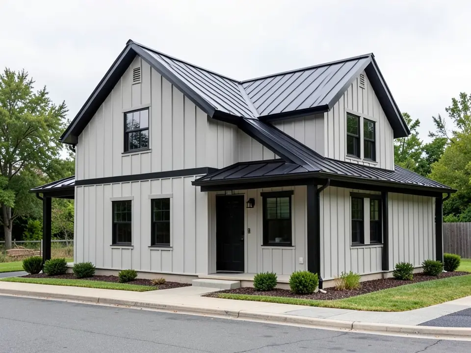 AI-drawn generic stand-in of a modern farmhouse with light gray board and batten siding, black trim, a black metal roof and black windows