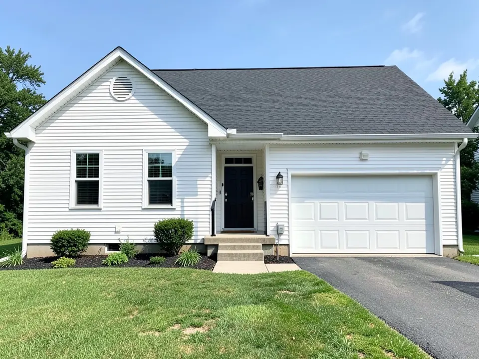 AI-drawn generic stand-in of a one-story ranch house with white horizontal lap siding, white trim, a dark front door, a white garage door and a dark gray shingle roof