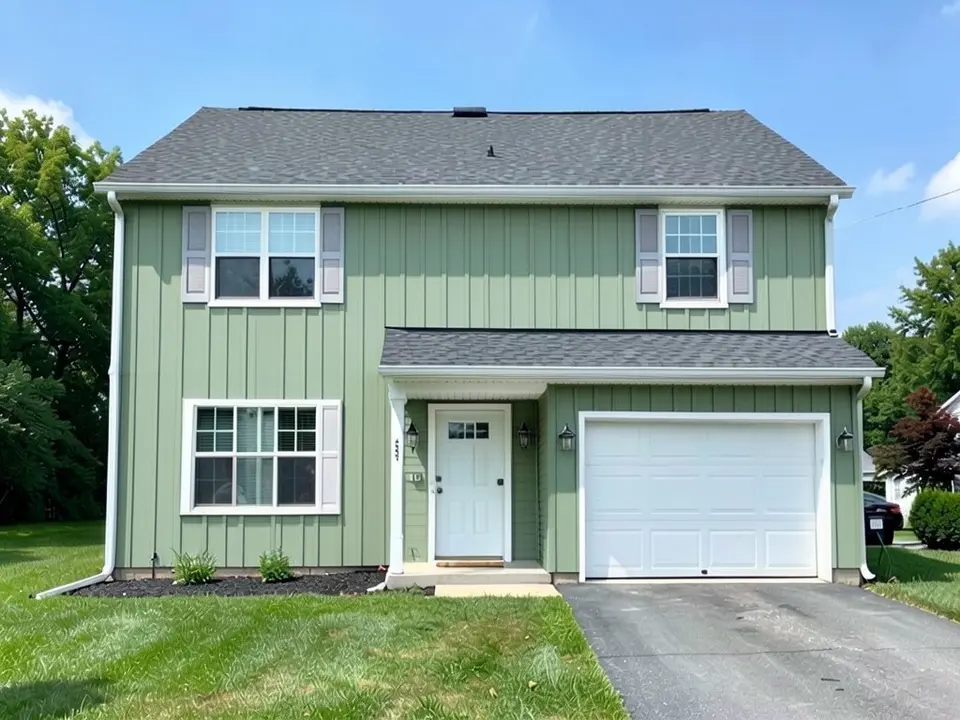 The same house with sage green vertical board and batten siding on every wall including the garage wall; the white trim, white doors, gray shutters and dark roof kept