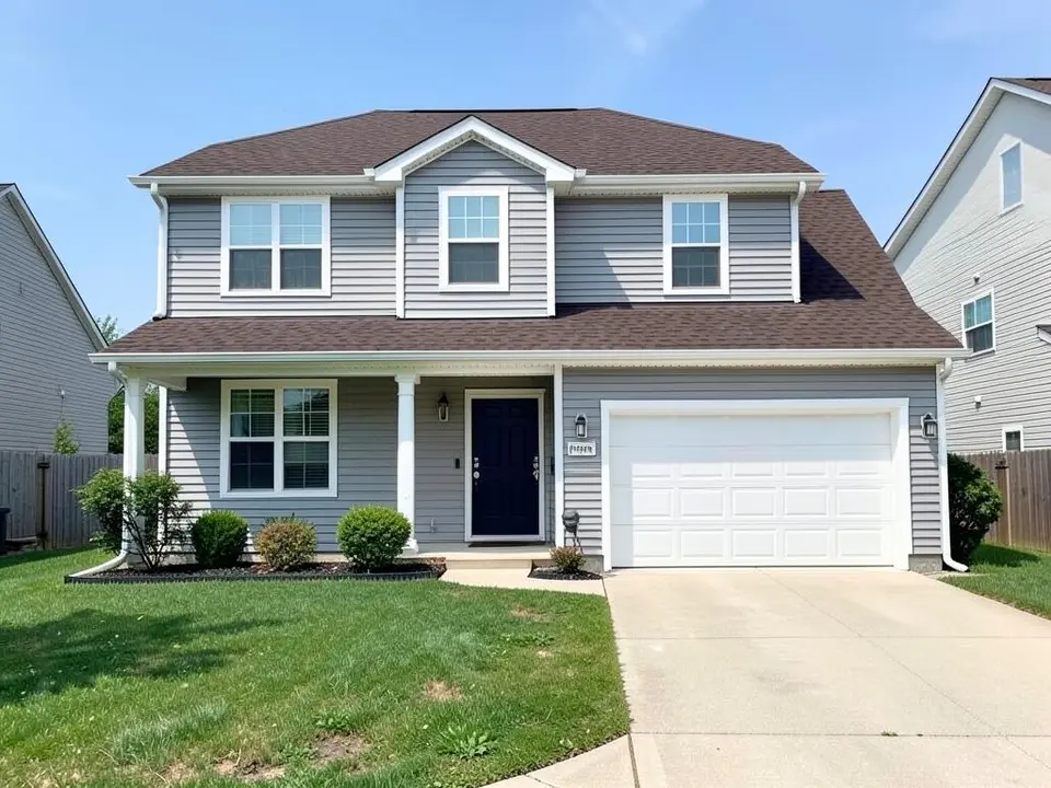 AI-drawn generic stand-in of a two-story house with light gray horizontal siding on both floors, white trim, a dark front door, a white garage door and a dark brown shingle roof
