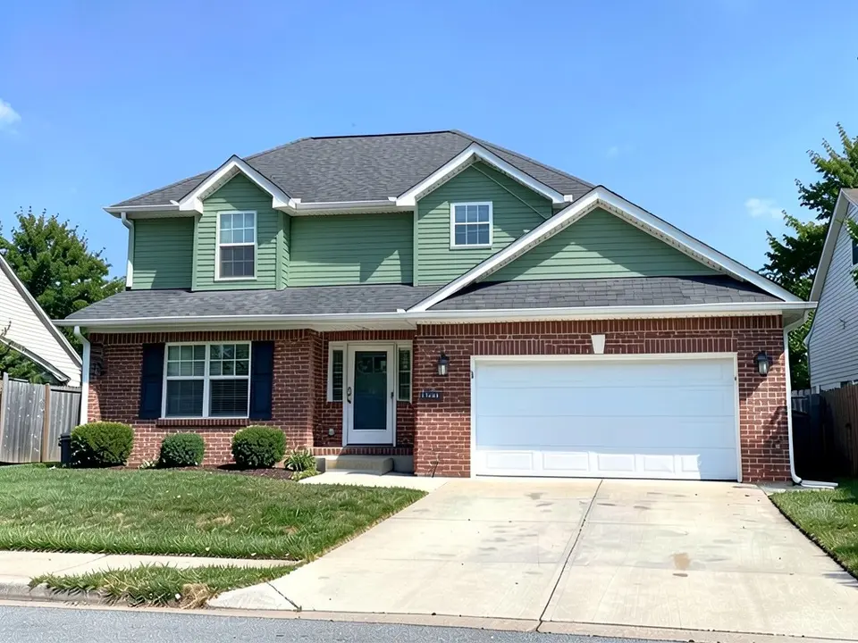 The same house with muted sage green siding above the brick; brick, white trim, garage door and roof kept