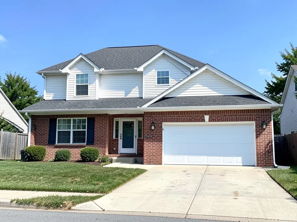 AI-drawn generic stand-in of a two-story house with red brick on the lower floor, white horizontal siding above, white trim, navy shutters, a white garage door and a dark gray roof
