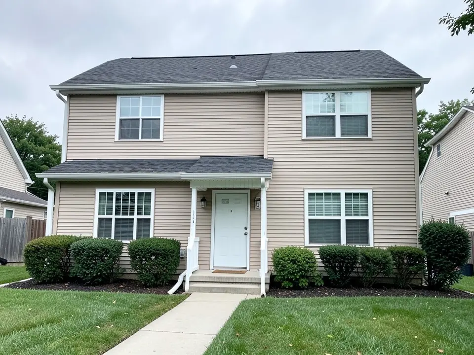 AI-drawn generic stand-in of a two-story house with beige horizontal vinyl lap siding on both floors, white-trimmed windows, a white front door with a small stoop and a charcoal gray shingle roof