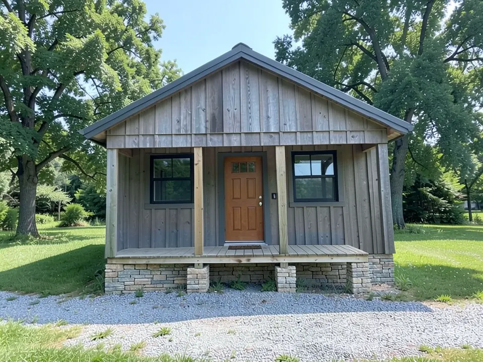 The same cabin with grey and tan stacked stone over the block strip, short stone piers under the porch and a warm brown wood front door; siding, roof, windows, porch and trees kept