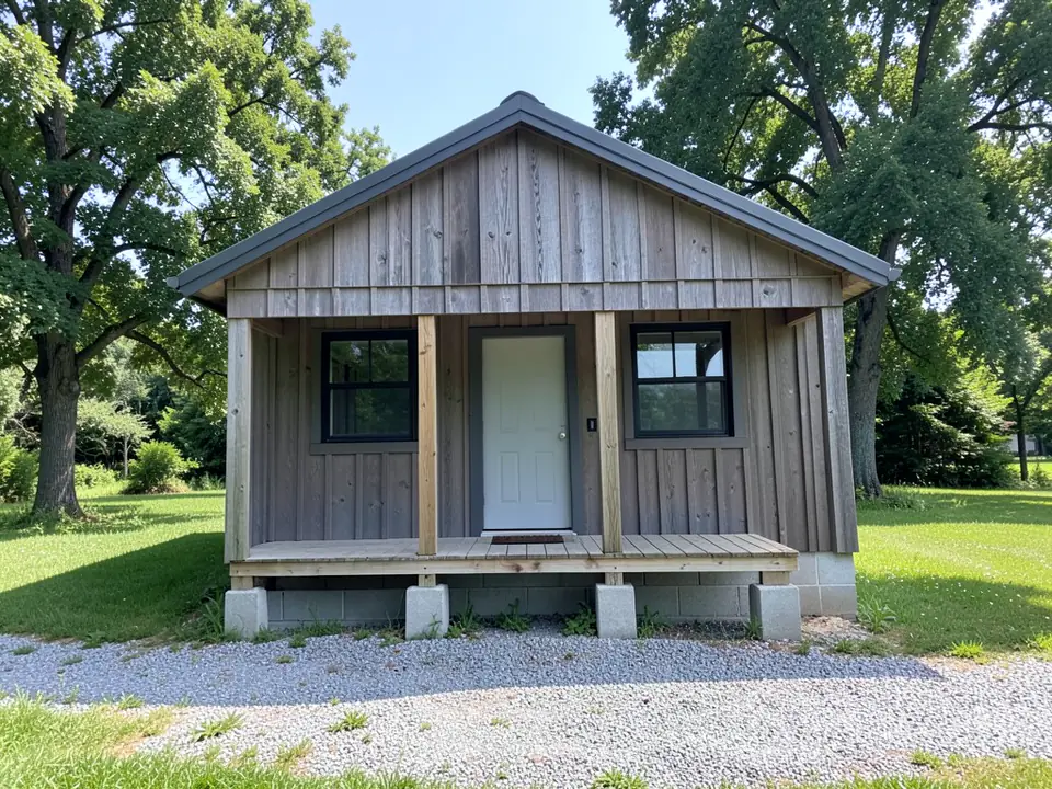 AI-drawn generic stand-in of a plain cabin with grey-brown vertical board siding, a dark grey metal roof, black windows, a light grey front door, a bare concrete block strip under the walls and an open porch resting on concrete blocks, with a gravel path and oak trees