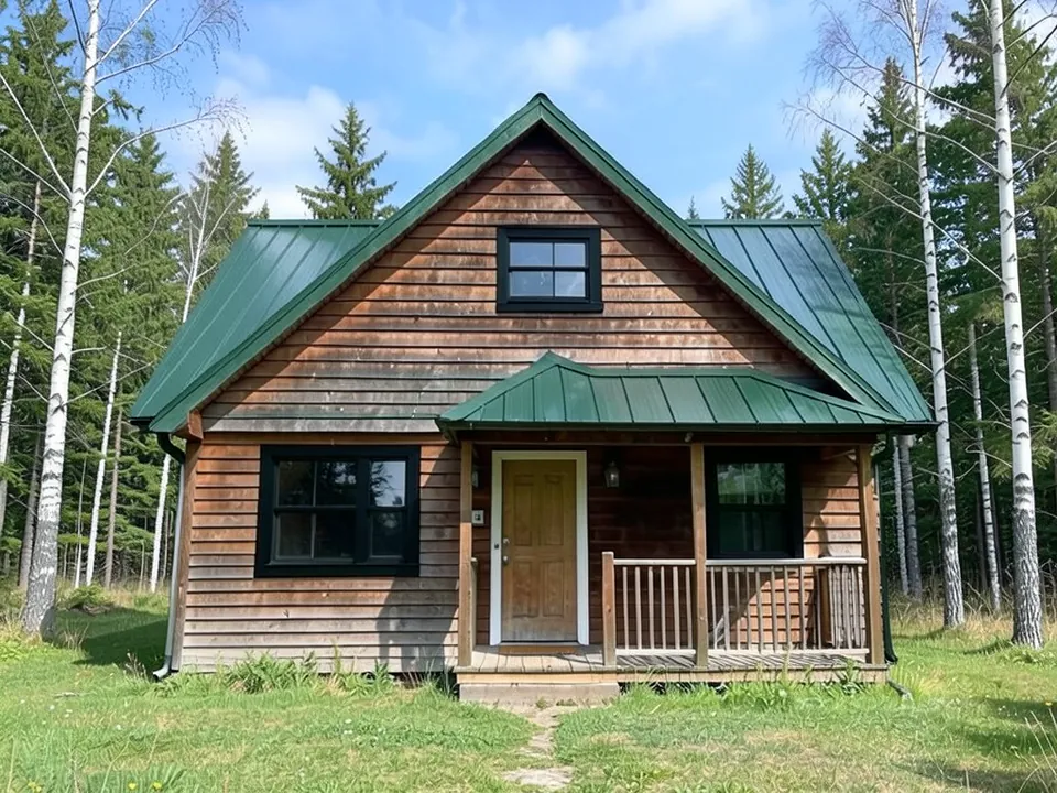 The same cabin with a dark green standing-seam metal roof on the slopes and porch roof and black window frames; brown siding, wood door with white trim, porch railing and trees kept