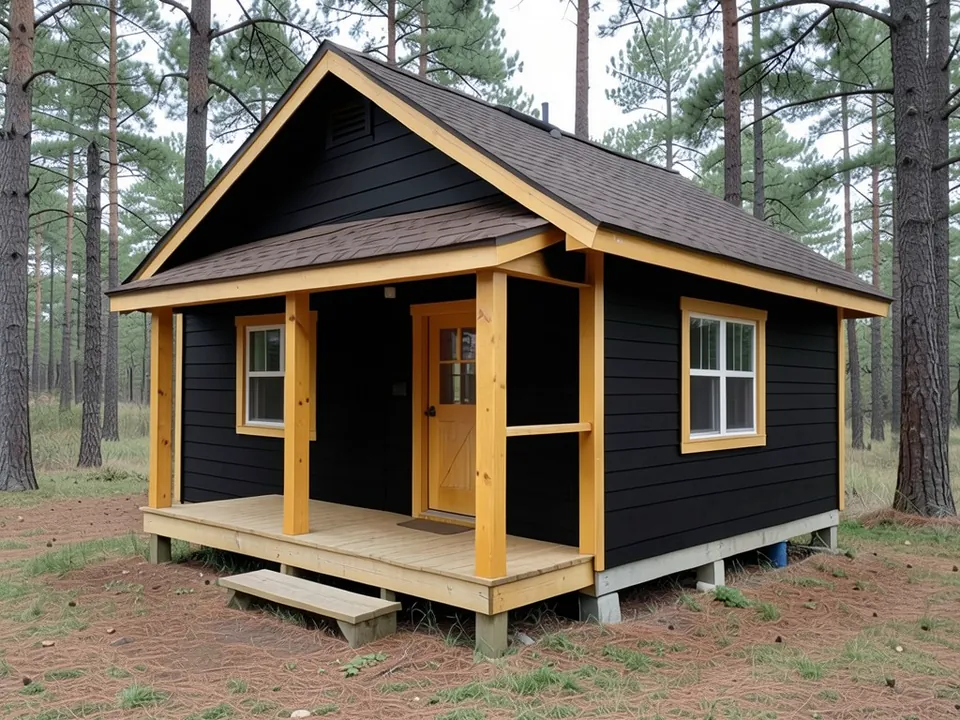 The same cabin with the siding boards painted matte black and the porch posts, roof-edge boards, corner boards, window and door casings and front door left natural pine; shape, roof, windows, porch and pine trees kept
