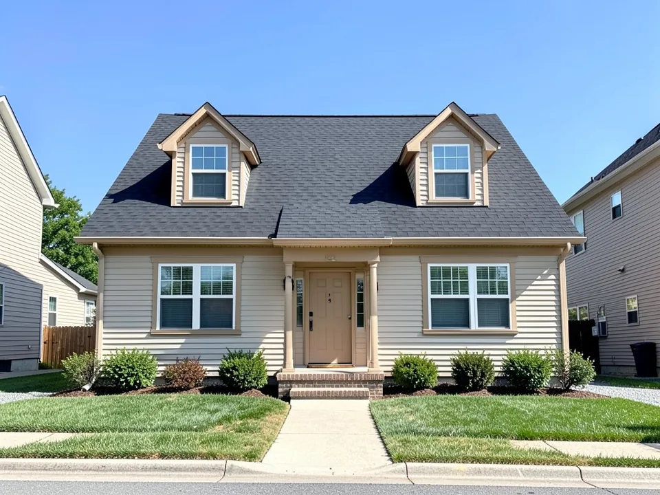 AI-drawn generic stand-in of a Cape Cod house with two dormers, symmetric windows on each side of a centered door, light tan siding and trim and a black roof