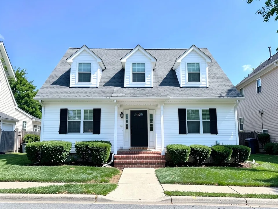 The same Cape Cod house with white siding, black shutters beside the first-floor windows and a black front door; roof, dormers and brick step kept