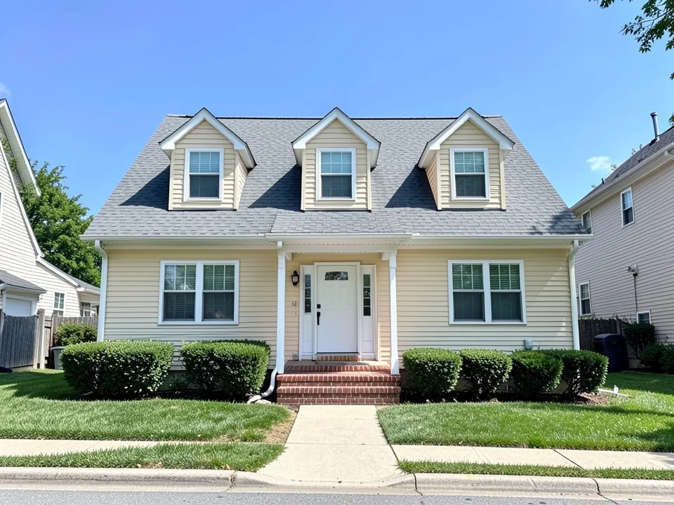 AI-drawn generic stand-in of a Cape Cod house with three dormers, a centered front door, pale yellow-beige siding, no shutters, a gray roof and a brick front step