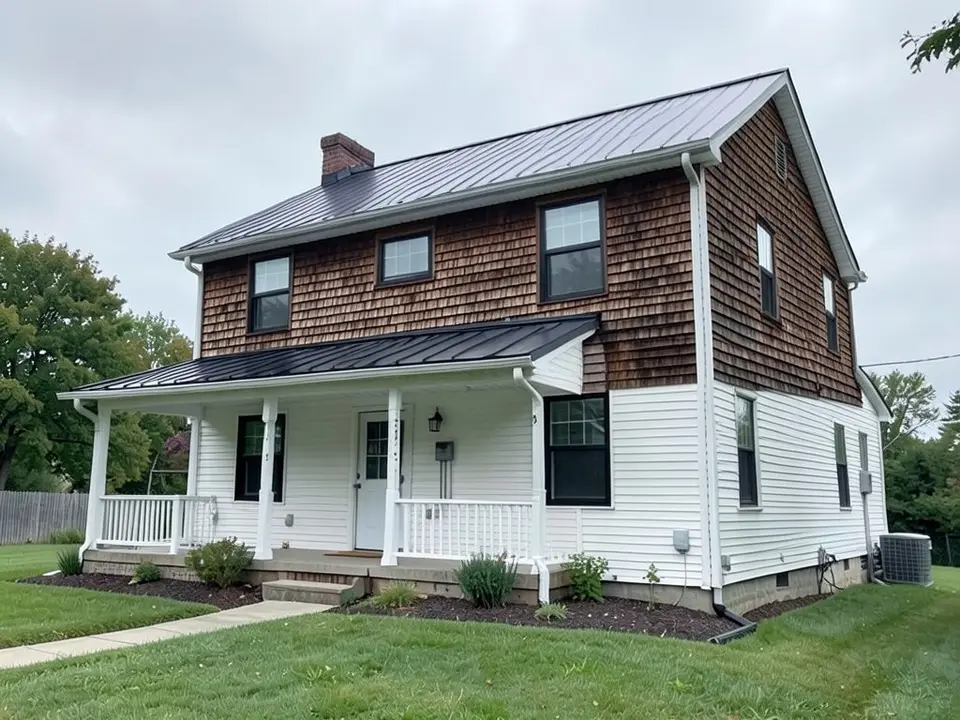 The same house with dark brown stained cedar shakes on the second floor, front and right side; white siding on the ground floor, porch and roof kept