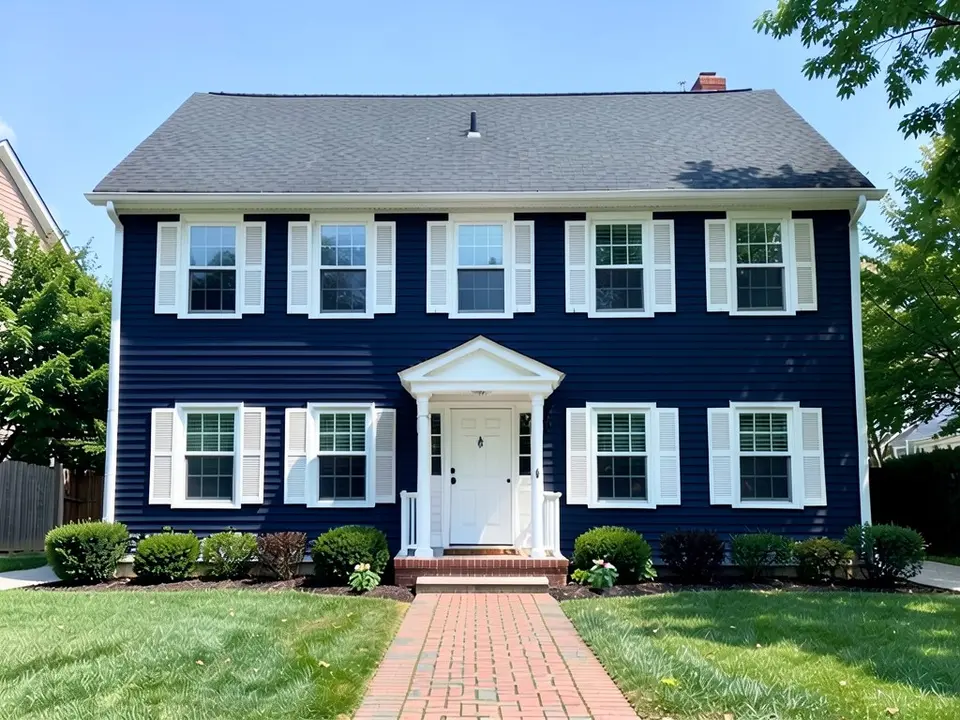 The same colonial with deep navy siding; white shutters, trim, door and roof kept