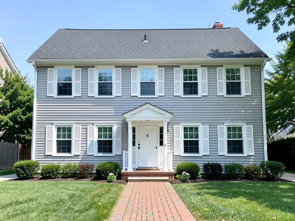 AI-drawn generic stand-in of a two-story colonial house with light gray clapboard siding, white shutters, a white front door under a white portico and a dark gray roof