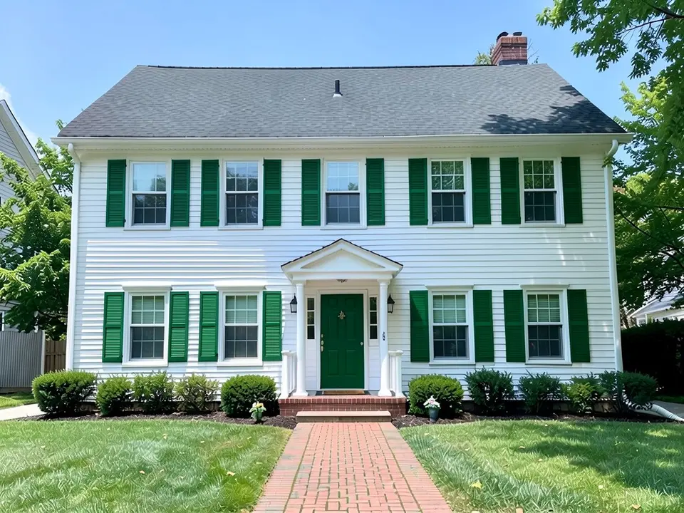 The same colonial with green shutters and a green front door; white siding, trim and roof kept