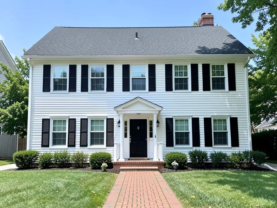 AI-drawn generic stand-in of a two-story colonial house with white clapboard siding, black shutters, a black front door under a white portico and a dark gray roof