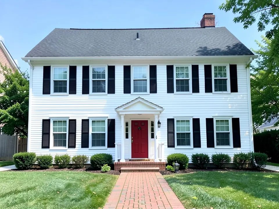 The same colonial with crisp white siding; black shutters, red door, portico and roof kept