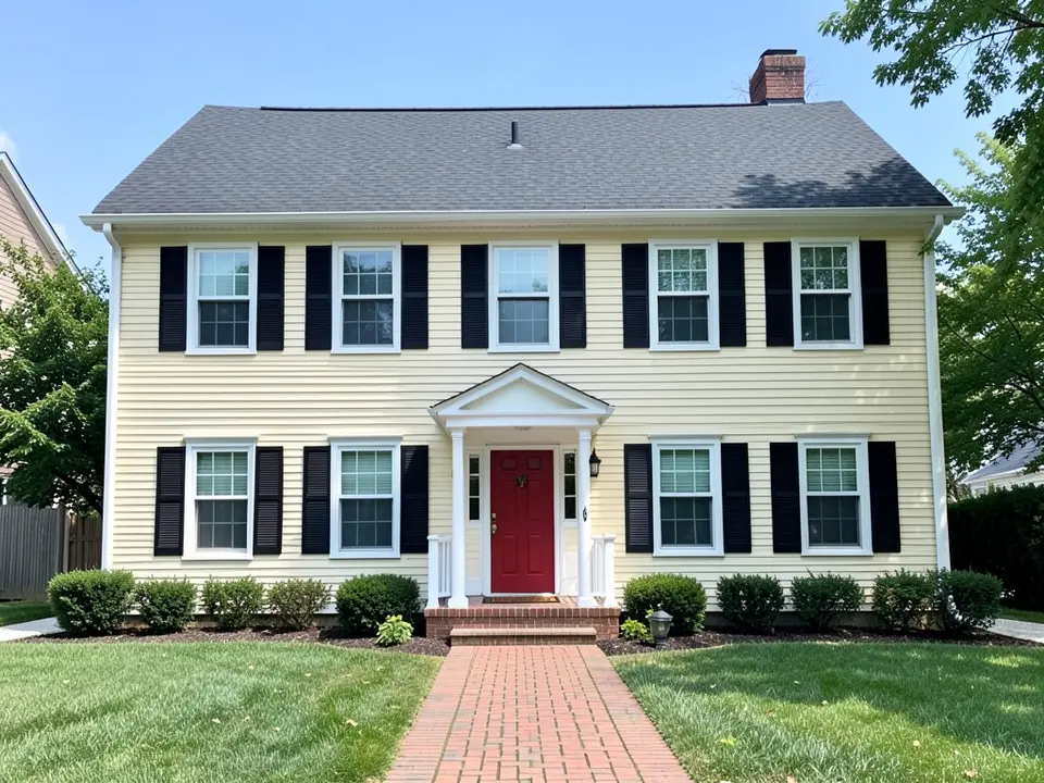 AI-drawn generic stand-in of a two-story colonial house with pale yellow clapboard siding, black shutters, white trim, a red front door under a white portico and a dark gray roof