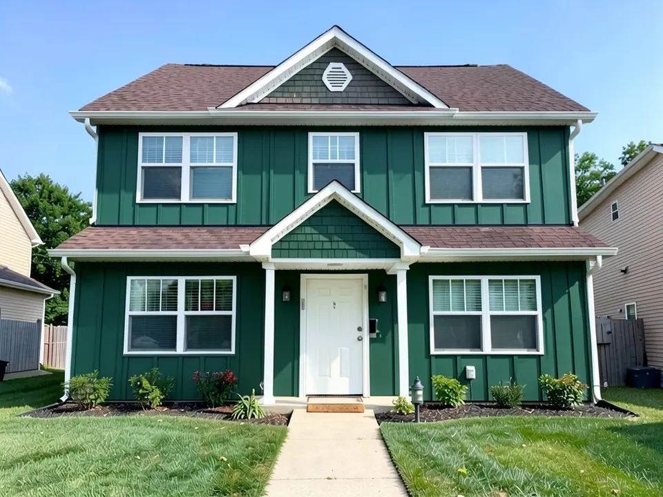 The same house with deep green vertical board and batten siding on the main walls; trim, door and roof kept