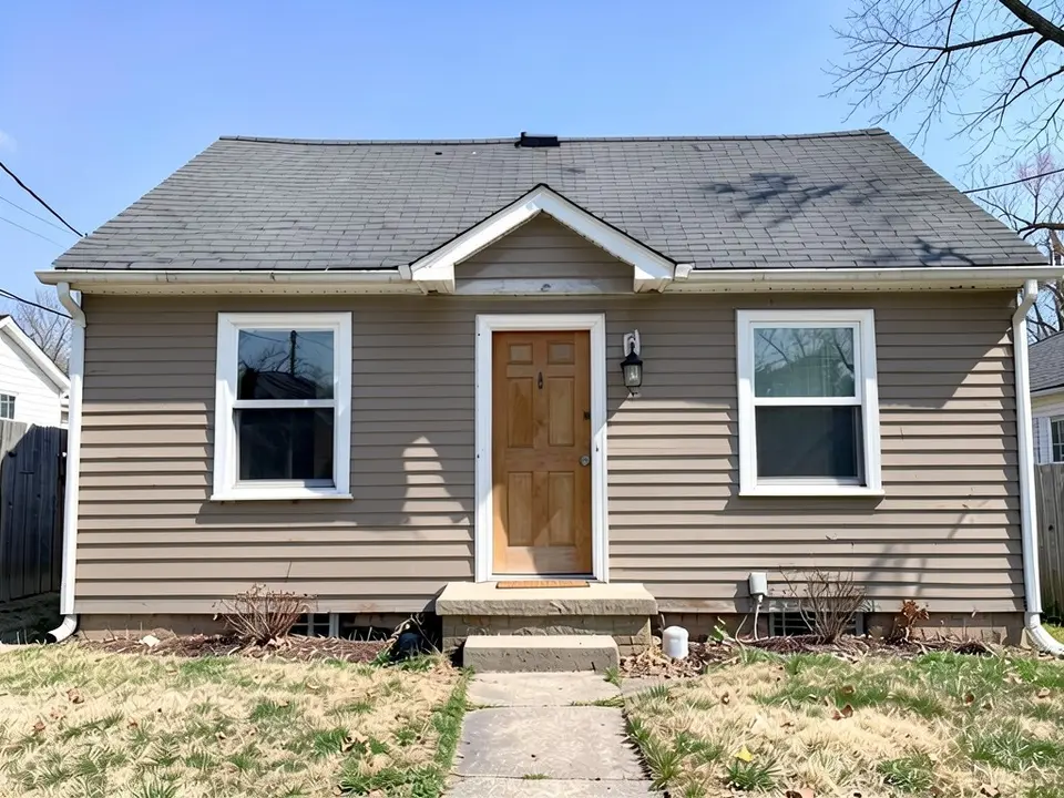 The same cottage with clean, smooth, tan-brown lap siding and no peeling; trim, door and roof kept