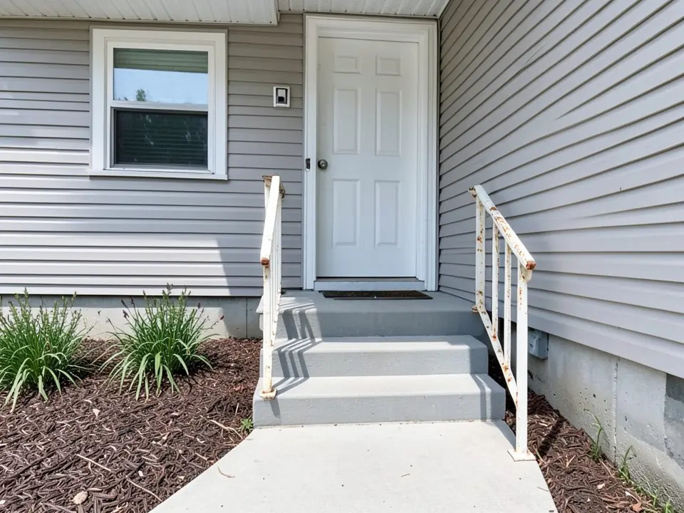 Plain grey concrete front steps with old, rusty white metal railings on both sides, a white front door, light grey vinyl siding, a window, mulch beds with lilies and a concrete walkway