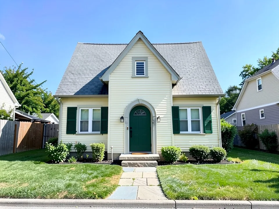 The same cottage with cream siding, dark green shutters beside the front windows and a dark green arched front door; roof and path kept