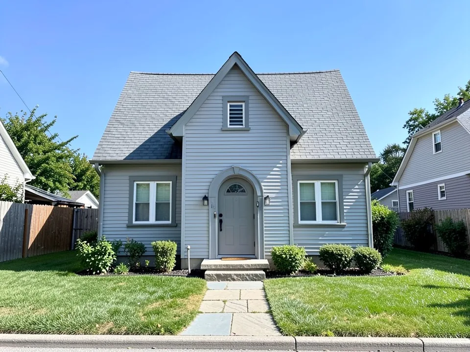 AI-drawn generic stand-in of a small cottage with a steep front gable, an arched front door, light gray siding and trim, no shutters, a gray roof and a stone path