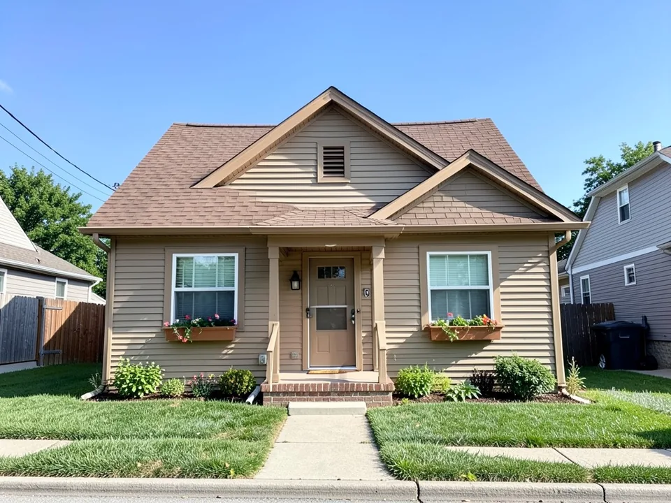AI-drawn generic stand-in of a single-story cottage with a front gable, a small covered porch, tan siding and trim, a brown roof and flower boxes under the windows