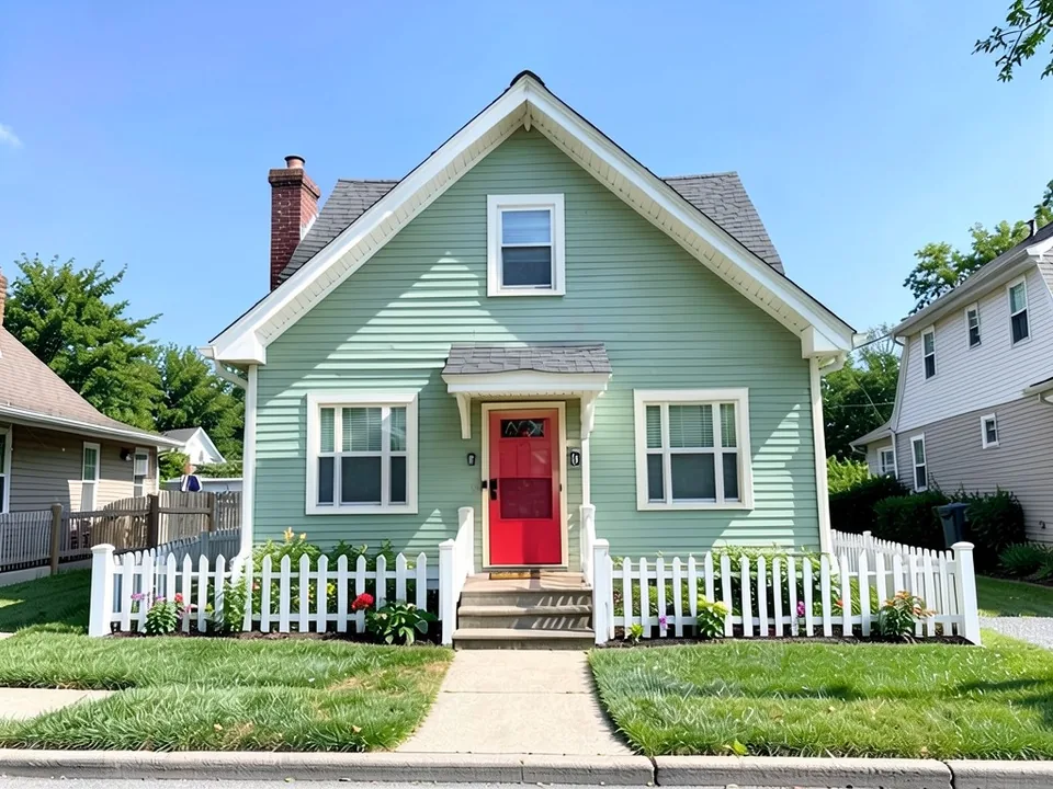 The same cottage with sage green siding, light trim and a red front door; roof, chimney and picket fence kept